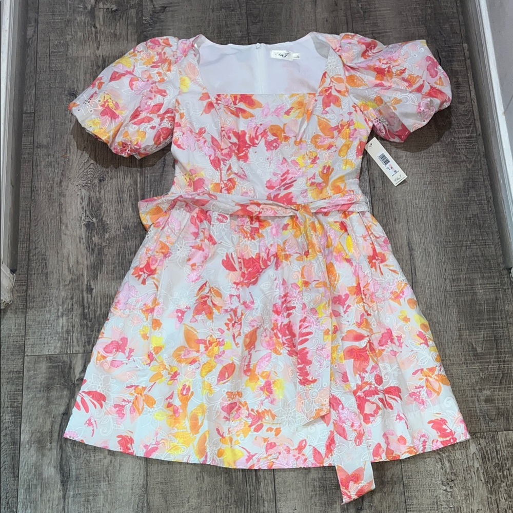 Eliza J Pink Yellow Floral Puff-Sleeve Dress